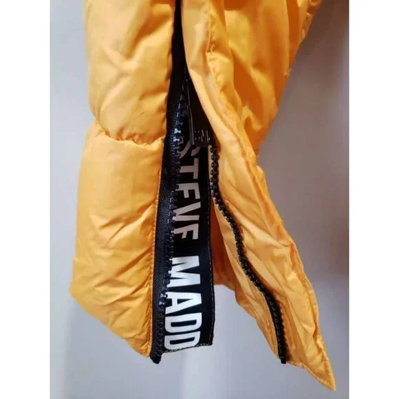 Steve Madden Women's Puffer Jacket Yellow Full Zip Hooded Mock Neck New Sz L - Picture 7 of 9
